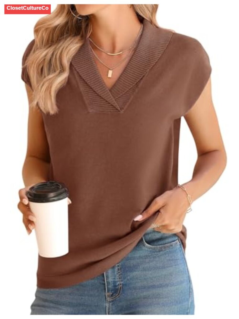 Ivicoer Sweater Vest V-Neck Knitted Pullover Short Cap Sleeve Collared Top